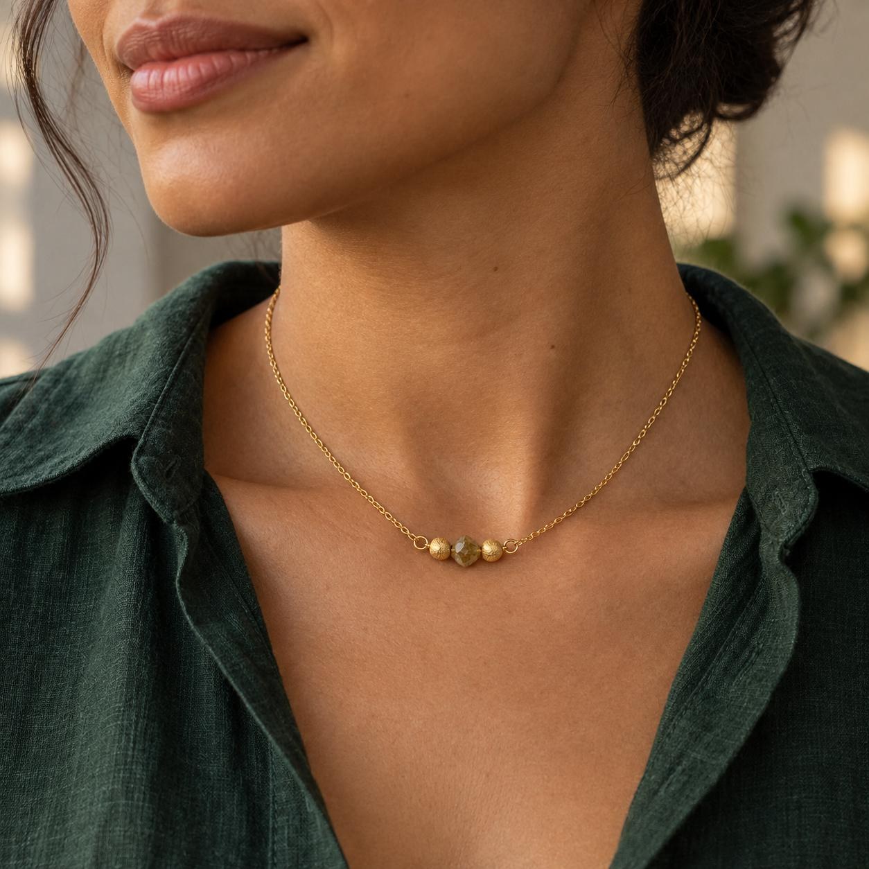 Yellow Diamond 0.75 CT Bead 14k Gold Necklace : 10th or 60th Anniversary Gift for Wife, worn view