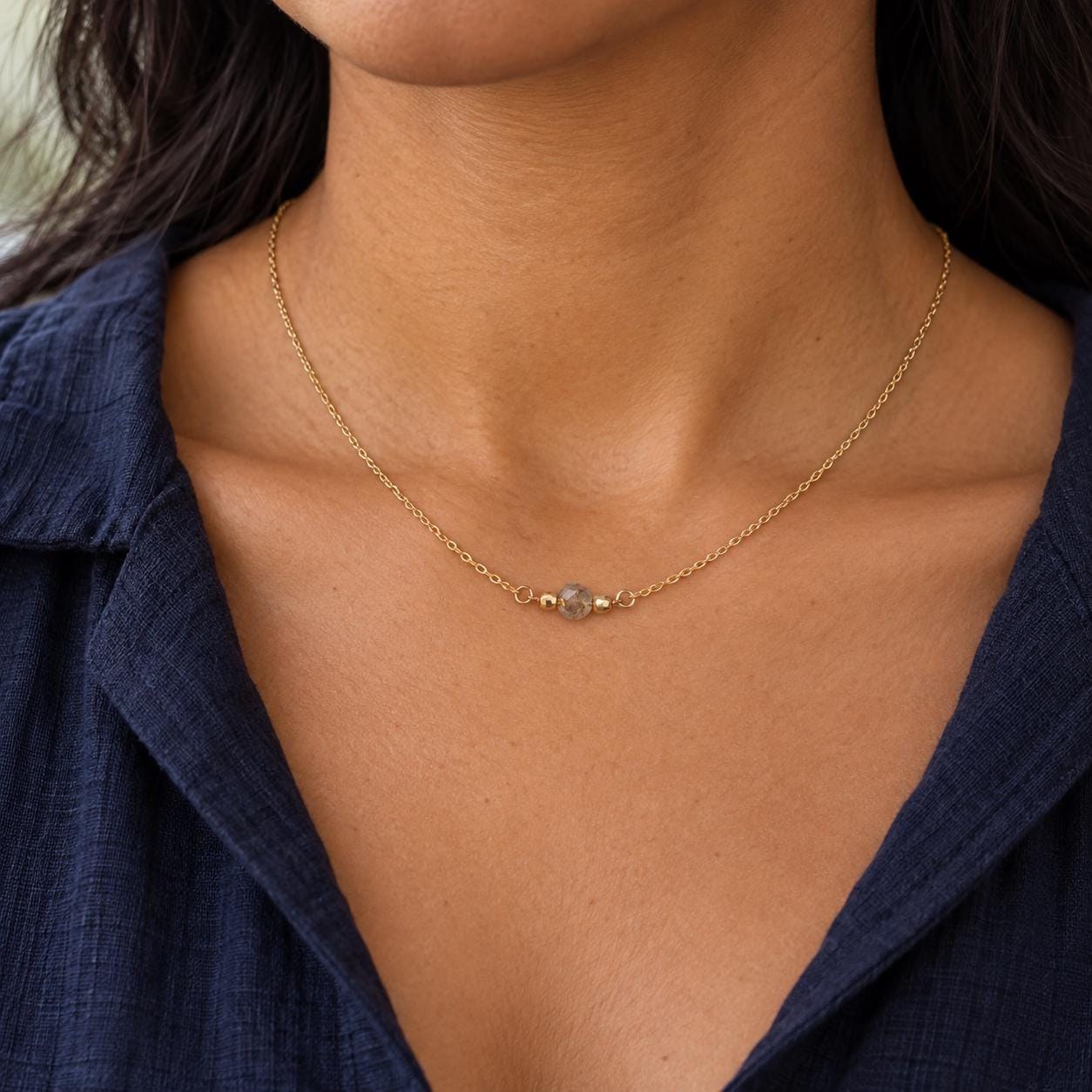 Champagne Diamond 0.75 CT Bead 14k Gold Everyday Necklace, worn view