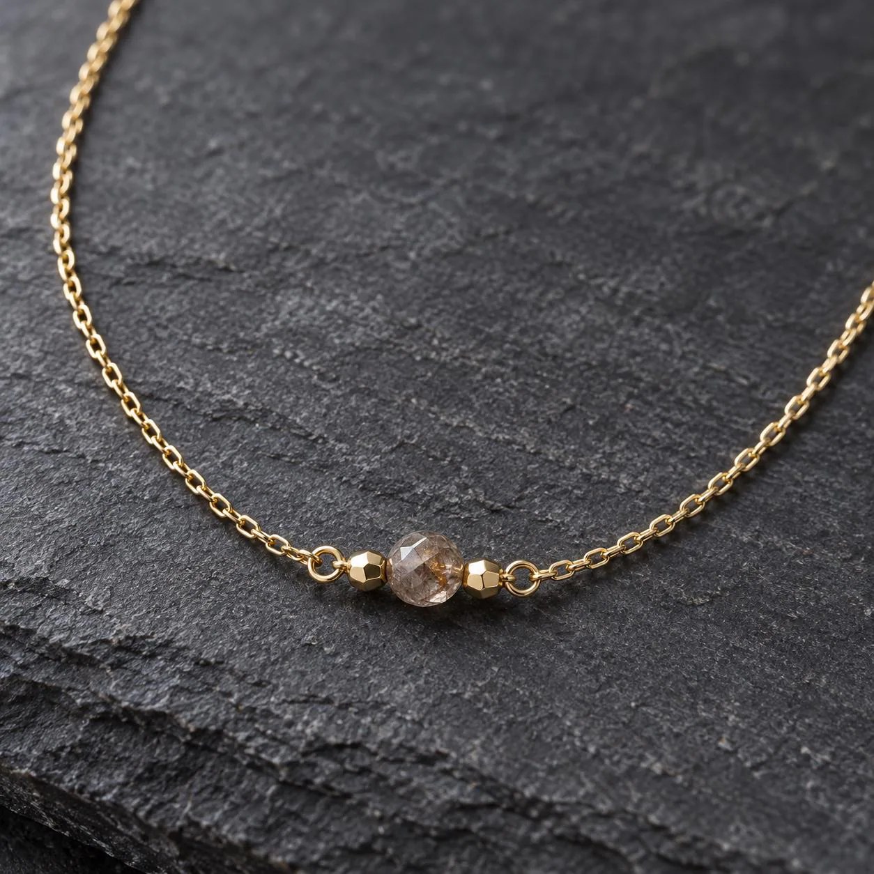 Champagne Diamond 0.75 CT Bead 14k Gold Everyday Necklace, detail view