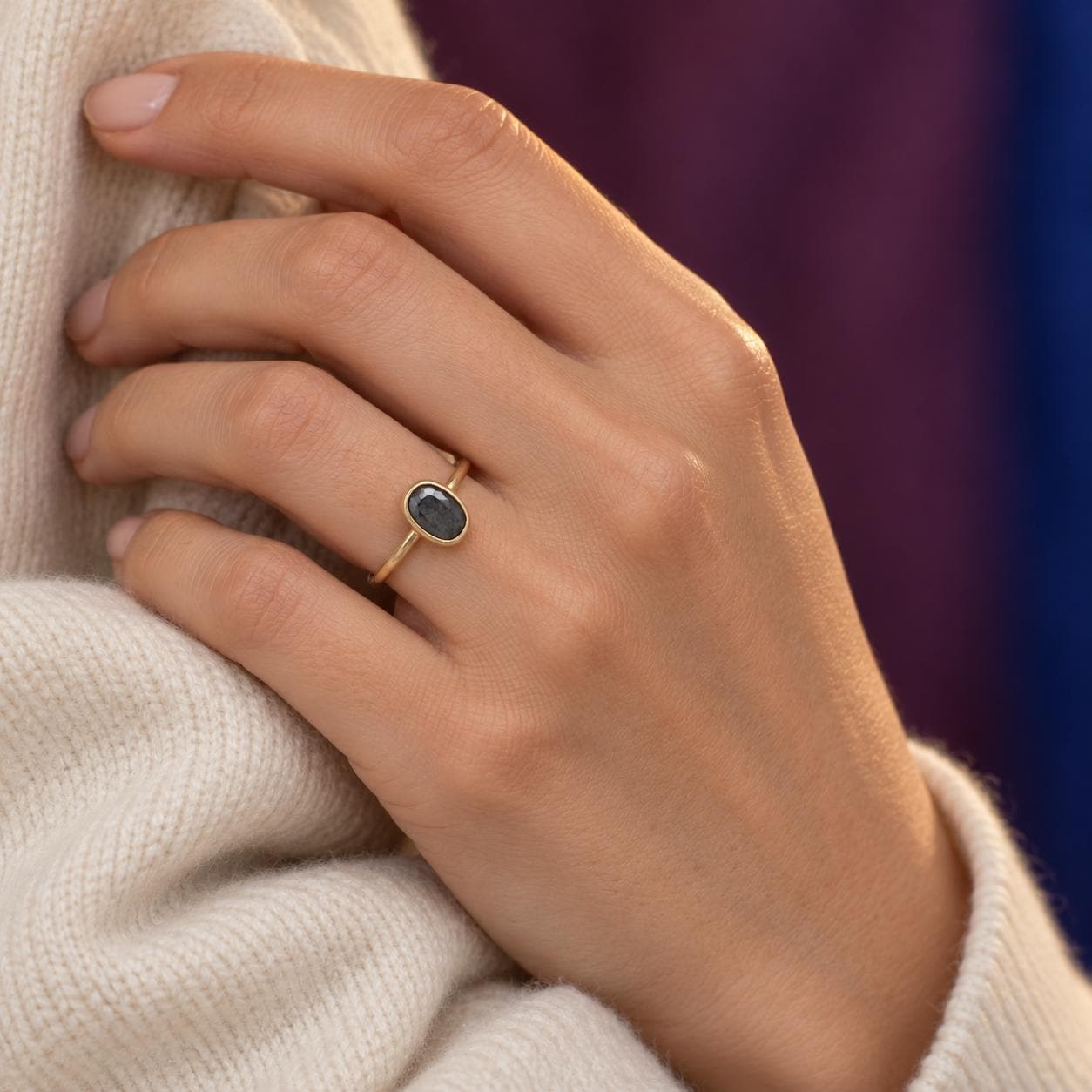 Oval Black Diamond Solitaire Bezel Ring in Solid 14k Yellow Gold : April Birthstone, worn view