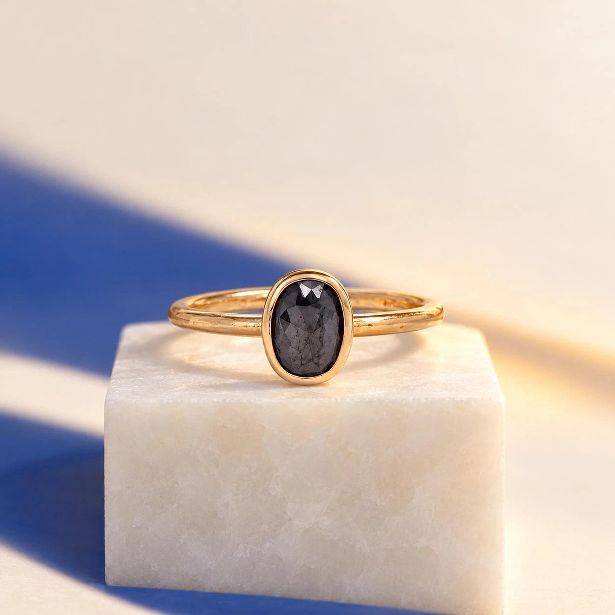 Oval Black Diamond Solitaire Bezel Ring in Solid 14k Yellow Gold : April Birthstone
