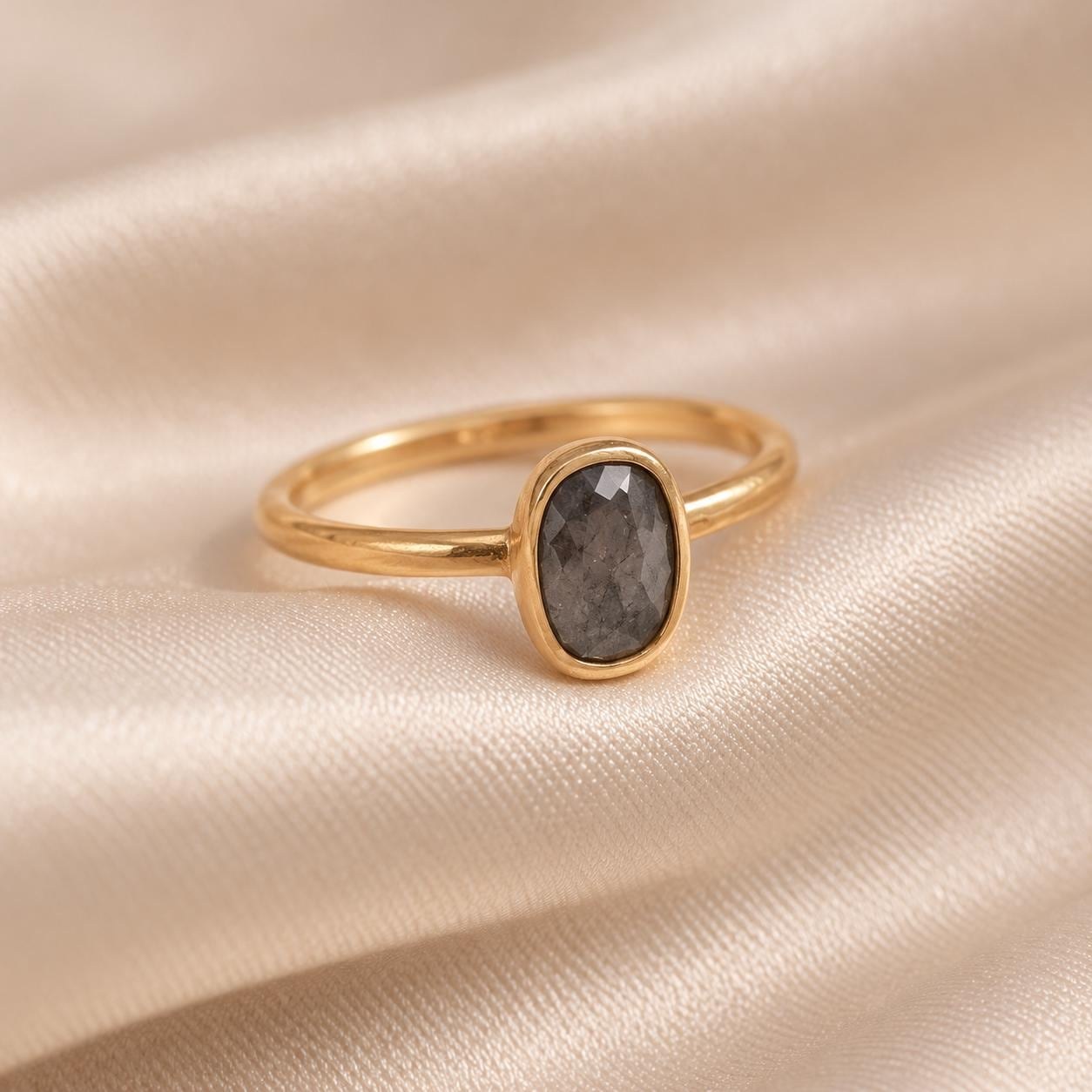 Oval Black Diamond Solitaire Bezel Ring in Solid 14k Yellow Gold : April Birthstone, detail view