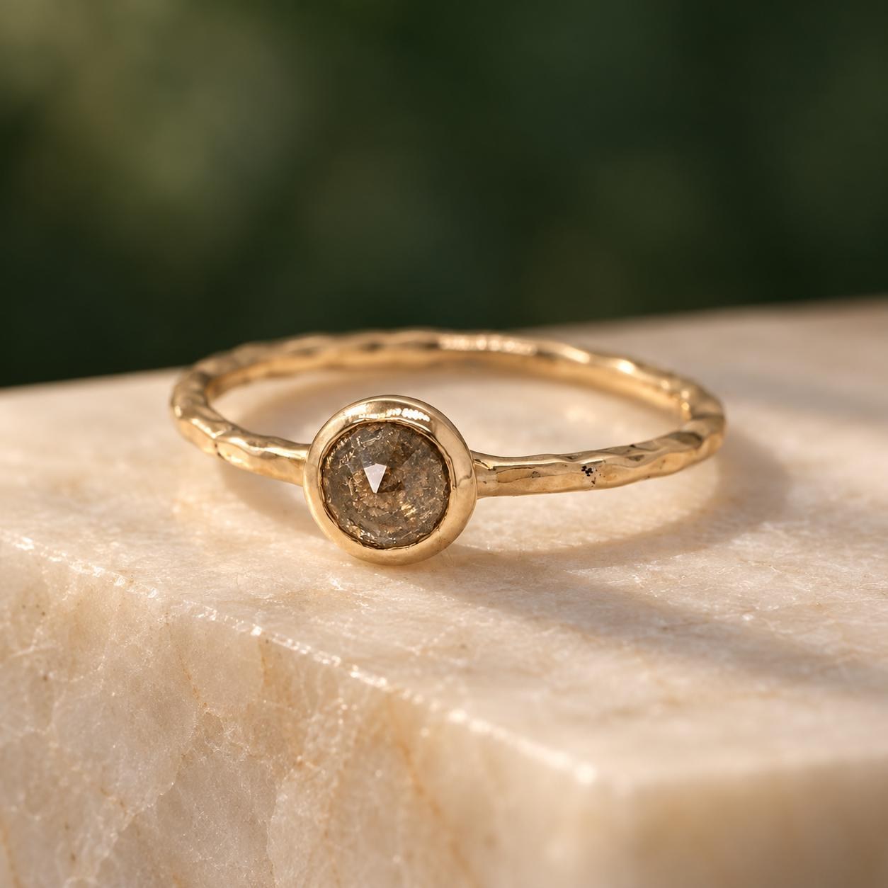Cognac Diamond Bezel Set 14k Gold Hammered Ring, Size 7, detail view