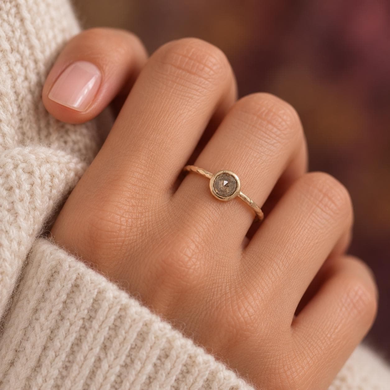 Cognac Diamond Bezel Set 14k Gold Hammered Ring, Size 7, worn view