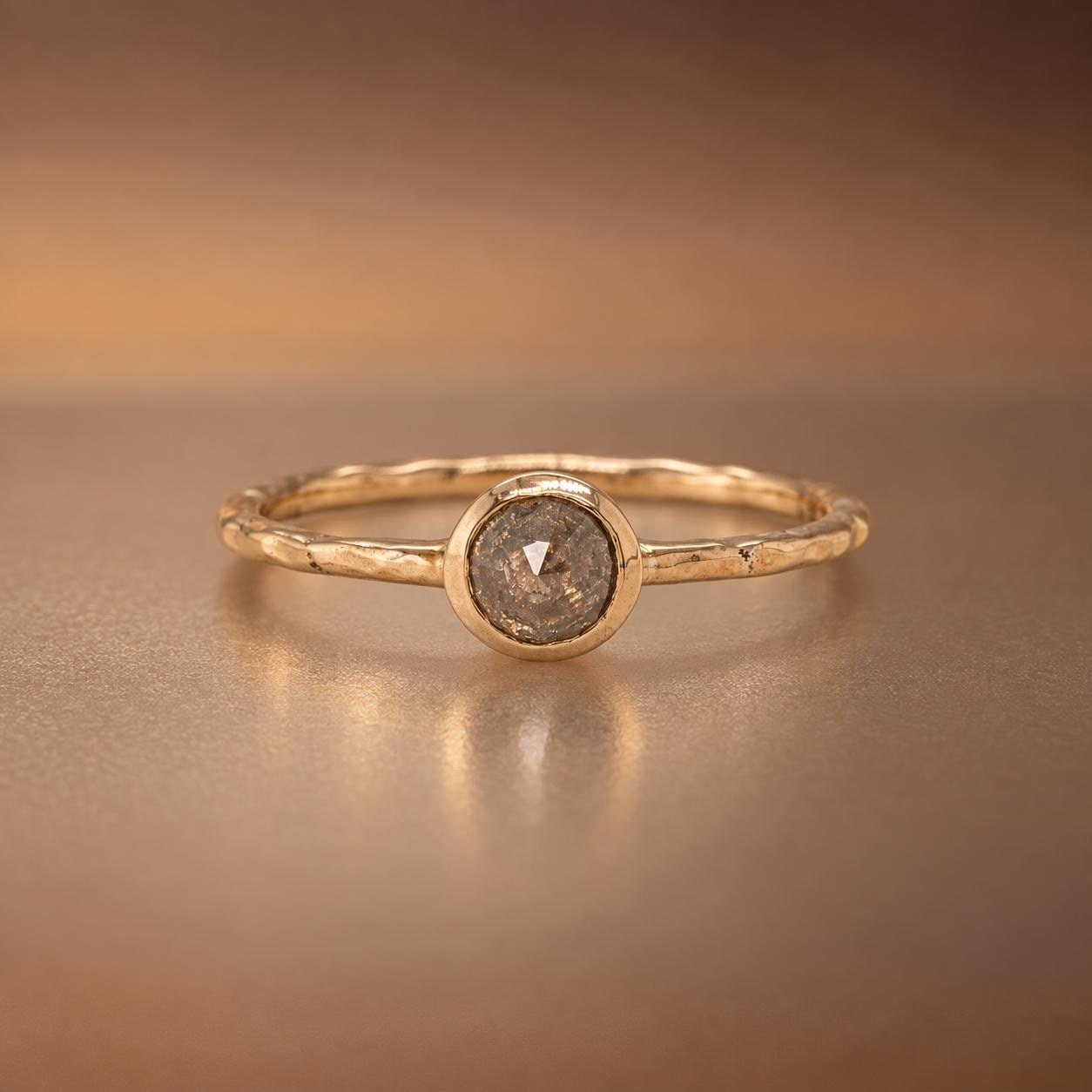 Cognac Diamond Bezel Set 14k Gold Hammered Ring, Size 7