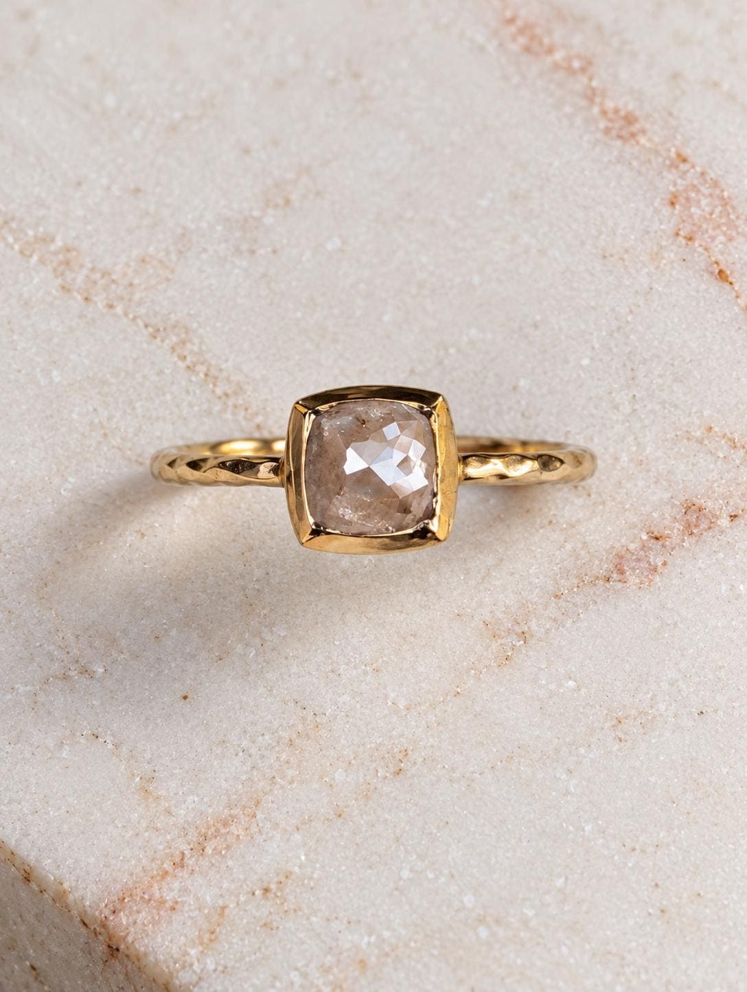 Champagne Square Diamond Bezel Set 14k Gold Hammered Ring, Size 7.25, detail view