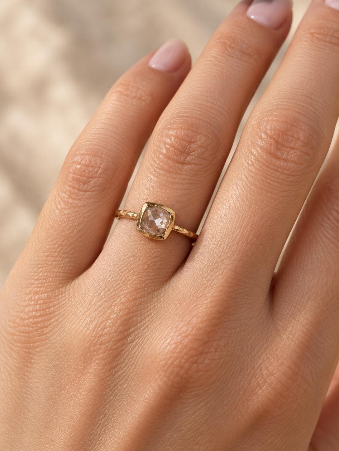 Champagne Square Diamond Bezel Set 14k Gold Hammered Ring, Size 7.25, worn view