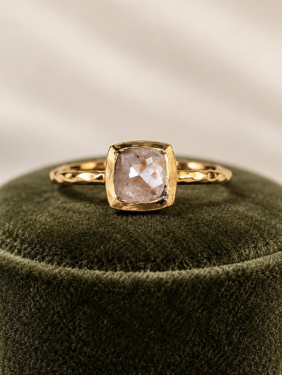 Champagne Square Diamond Bezel Set 14k Gold Hammered Ring, Size 7.25