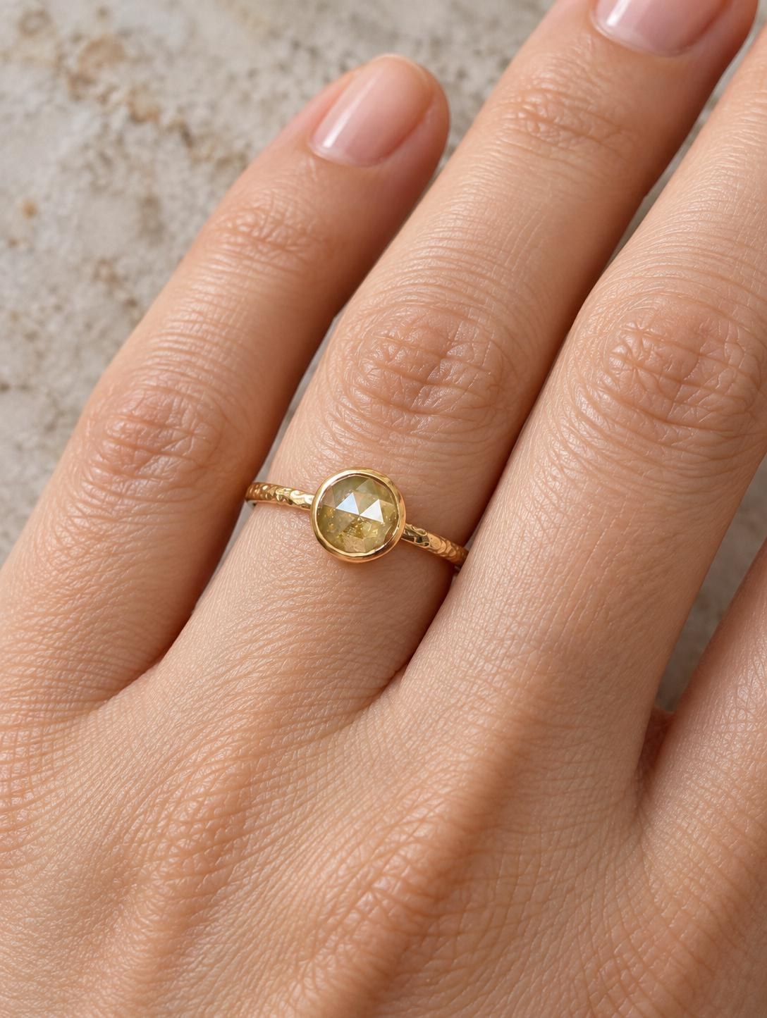 Yellow Diamond Rosecut Bezel Hammered High Profile Ring 14k Yellow Gold, Size 6.75, worn view