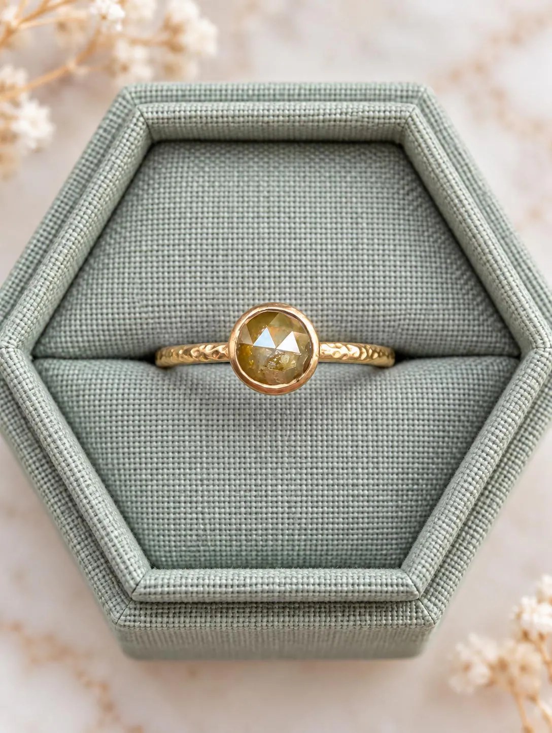 Yellow Diamond Rosecut Bezel Hammered High Profile Ring 14k Yellow Gold, Size 6.75