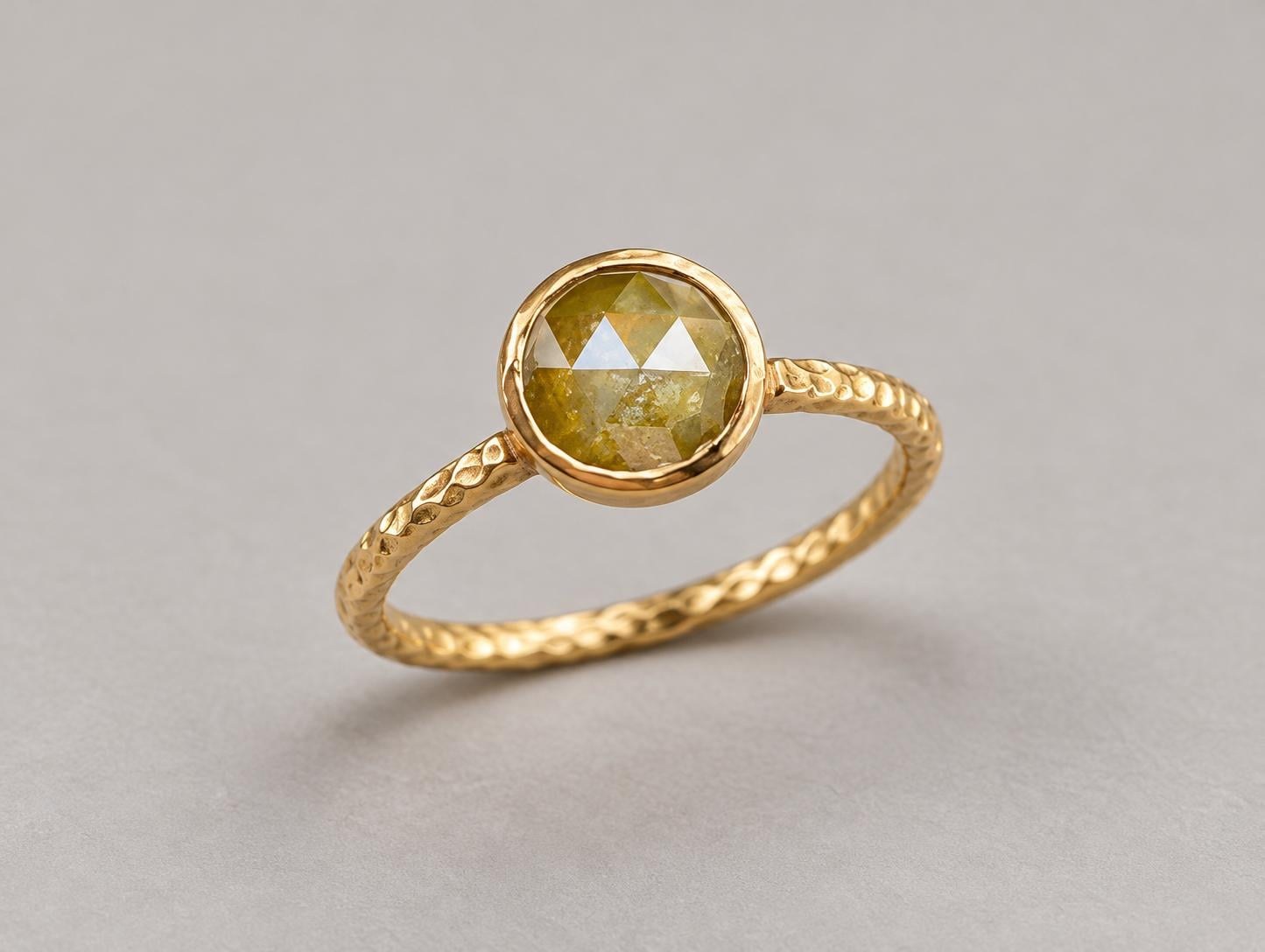 Yellow Diamond Rosecut Bezel Hammered High Profile Ring 14k Yellow Gold, Size 6.75, detail view