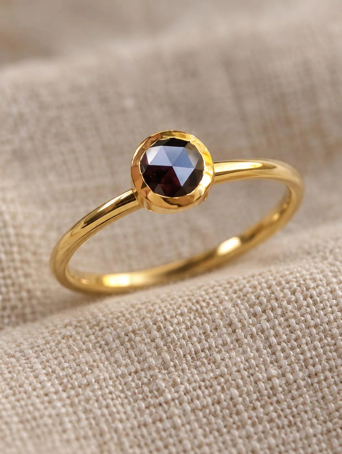 Natural Rosecut Black Diamond Bezel Set Solitaire 14k Gold Ring, Size 6.75