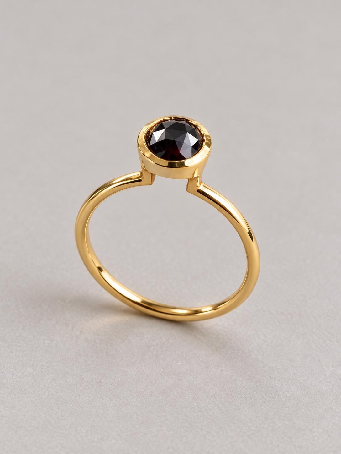Natural Rosecut Black Diamond Bezel Set Solitaire 14k Gold Ring, Size 6.75, detail view