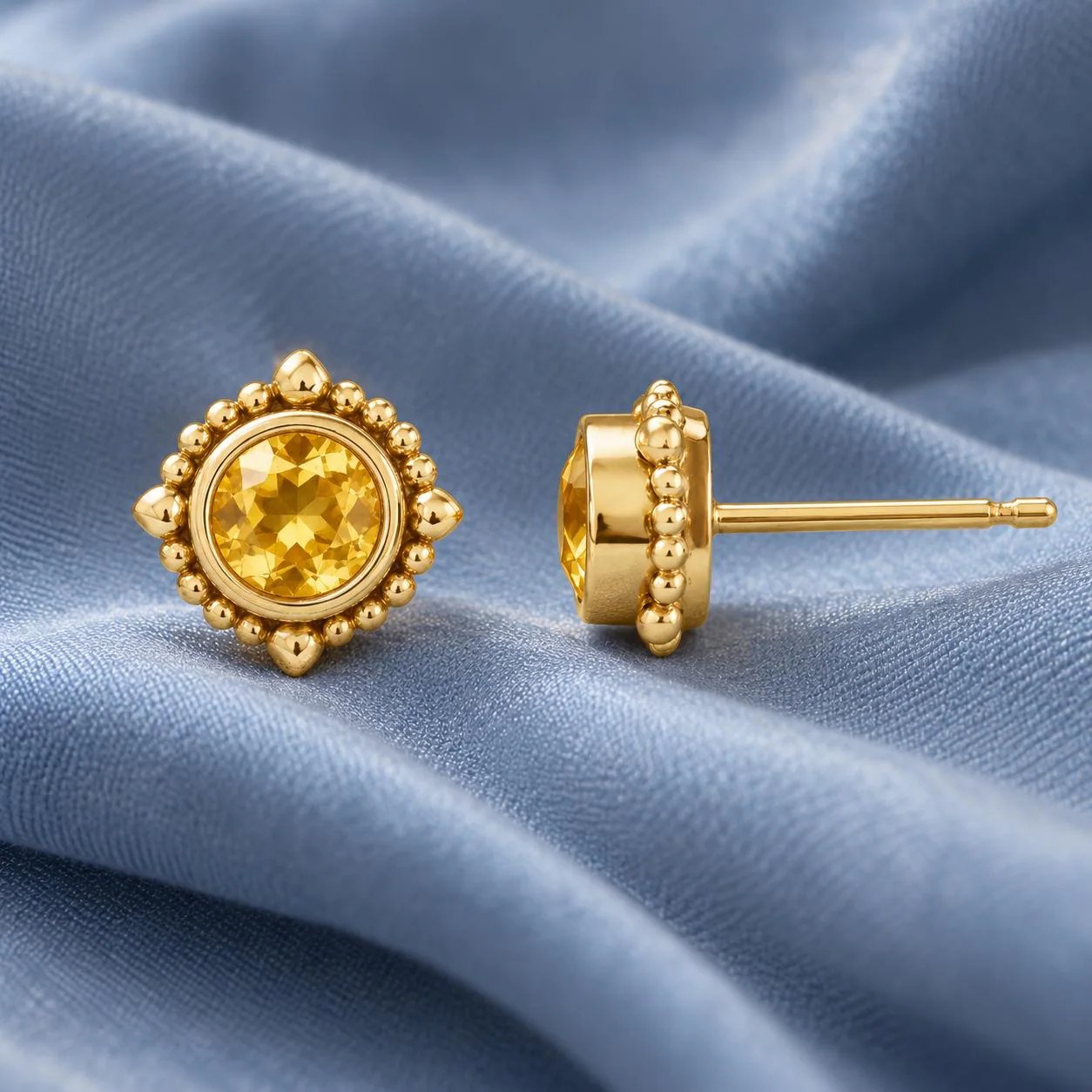 Yellow Sapphire Beaded Halo Stud Earrings 14kt Gold, September Birthstone, detail view