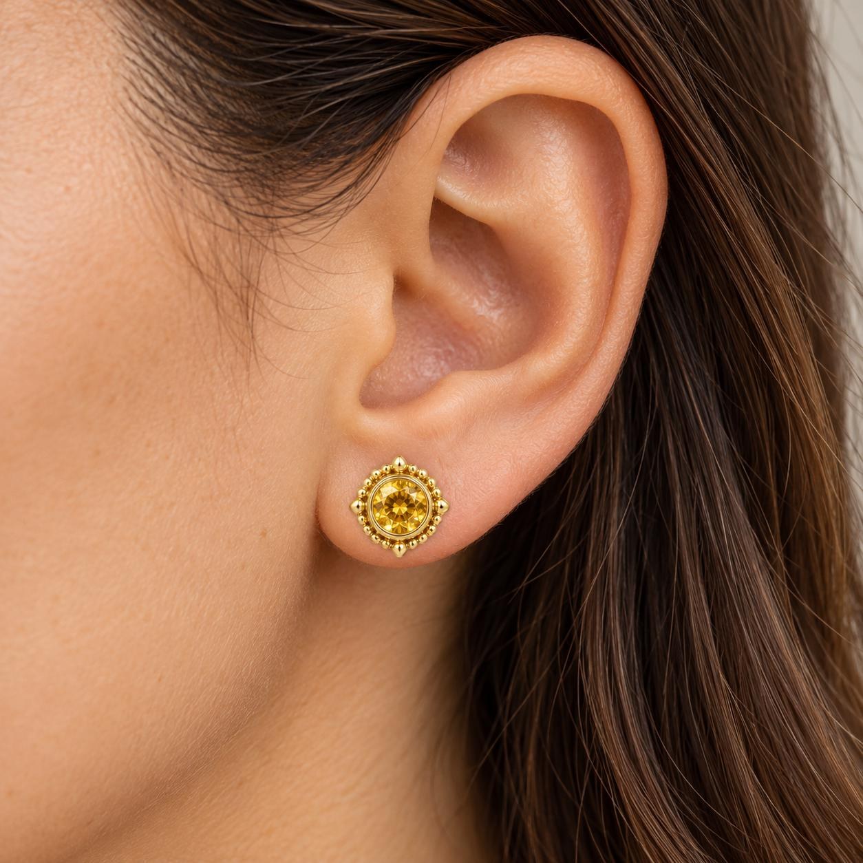 Yellow Sapphire Beaded Halo Stud Earrings 14kt Gold, September Birthstone, worn view