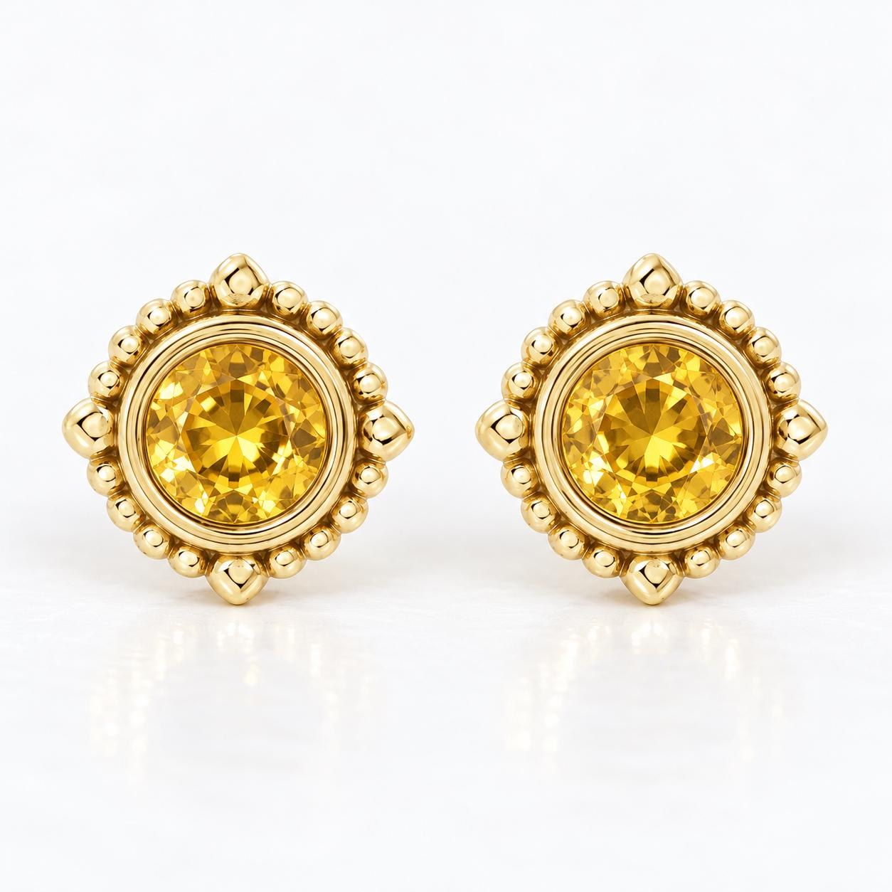 Yellow Sapphire Beaded Halo Stud Earrings 14kt Gold, September Birthstone