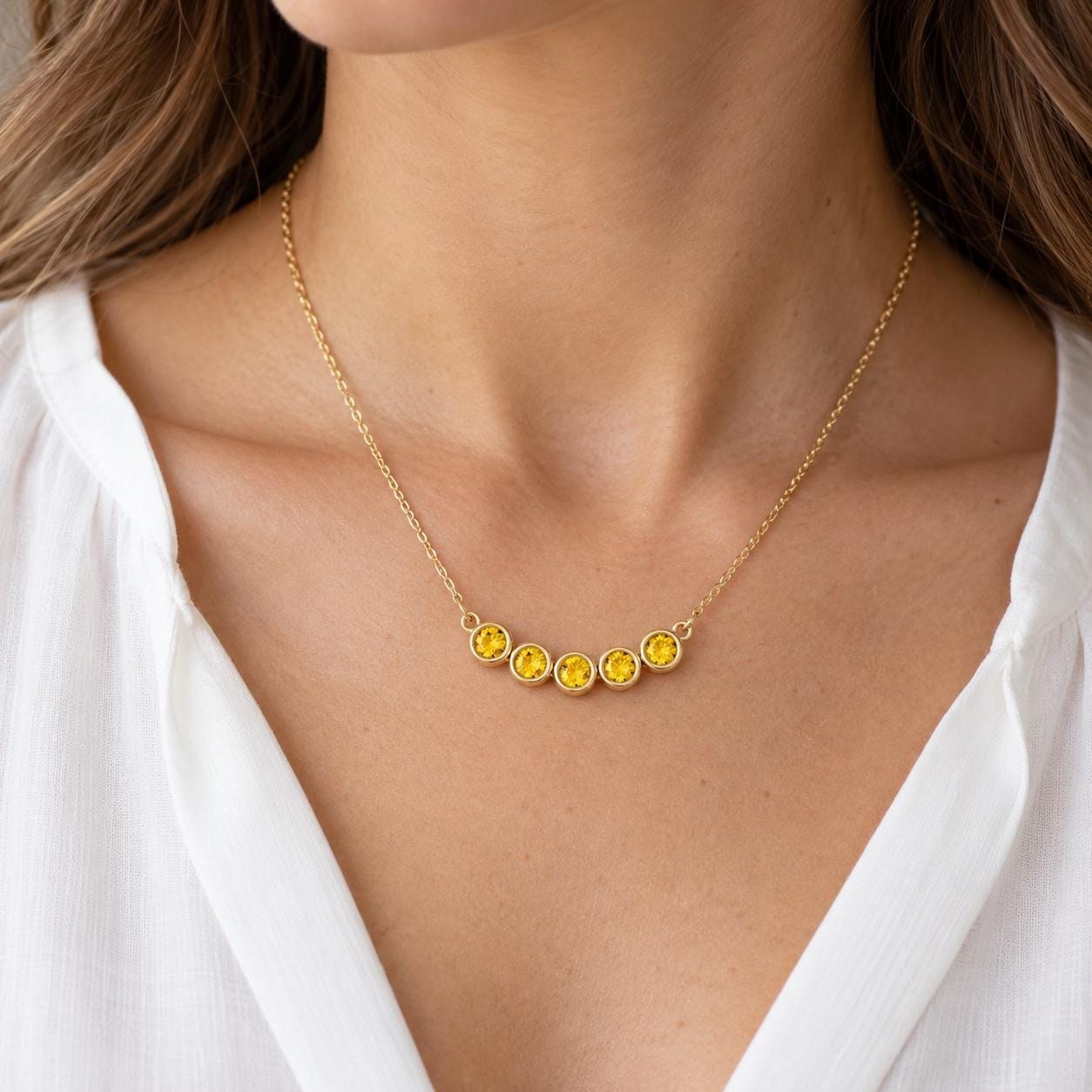 Yellow Sapphire Bezel Necklace 14k Gold : 7th Anniversary Gift, worn view
