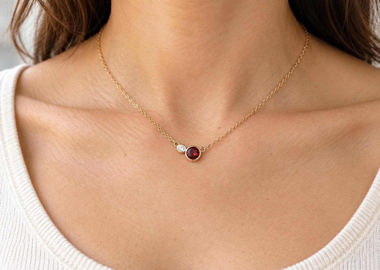 Garnet & Diamond 14k Gold Layering Necklace, January Birthstone, worn view