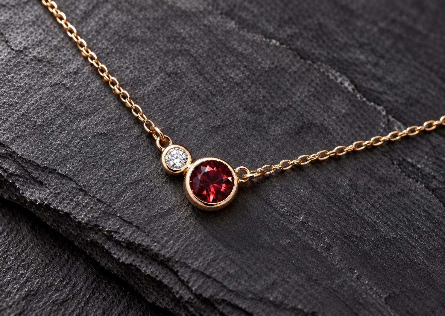 Garnet & Diamond 14k Gold Layering Necklace, January Birthstone, detail view