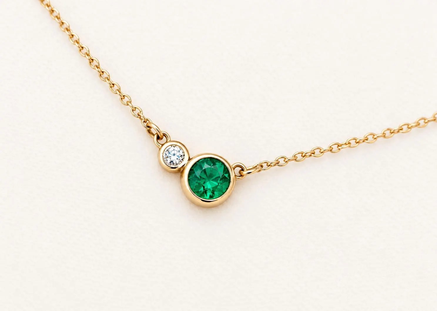 Emerald & Diamond 14k Gold Layering Necklace, May Birthstone, detail view