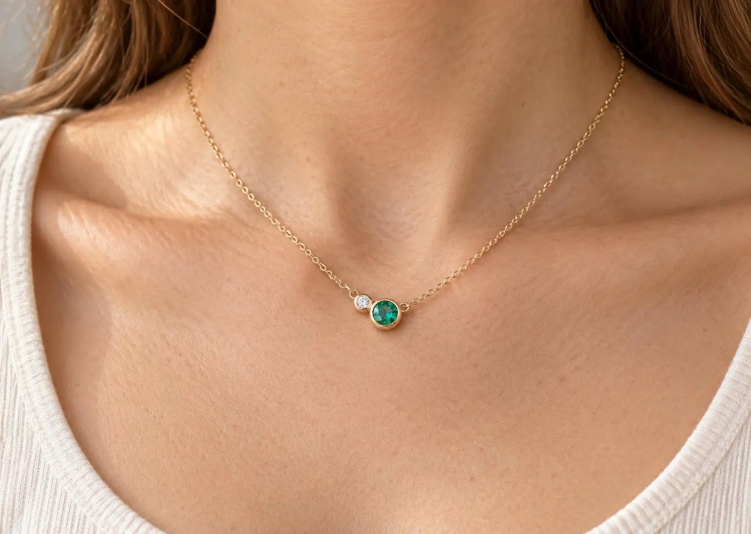 Emerald & Diamond 14k Gold Layering Necklace, May Birthstone, worn view
