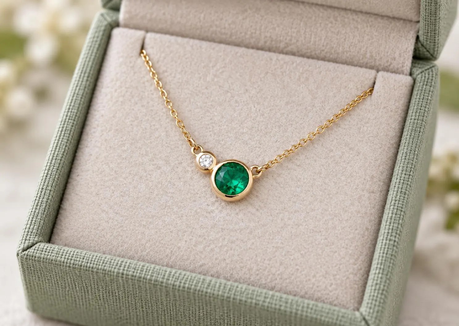 Emerald & Diamond 14k Gold Layering Necklace, May Birthstone
