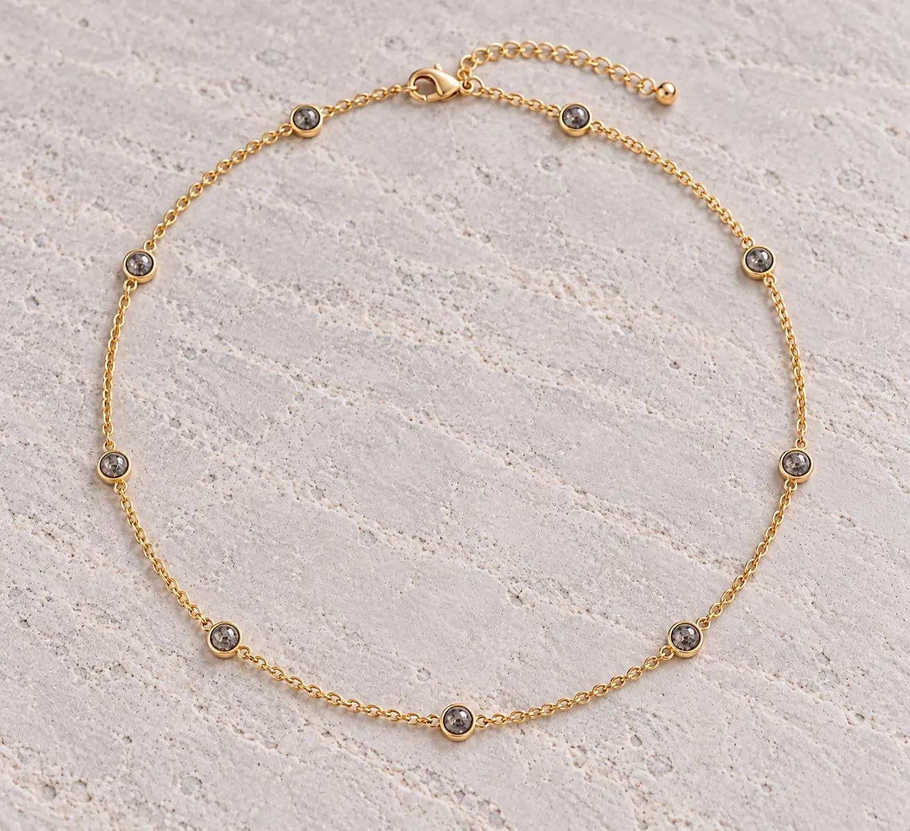 Salt Pepper Diamond Cabochon Station Necklace 14k Gold