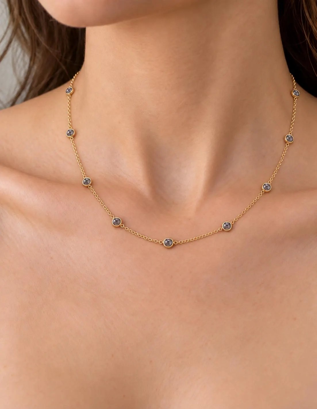 Salt Pepper Diamond Cabochon Station Necklace 14k Gold, worn view