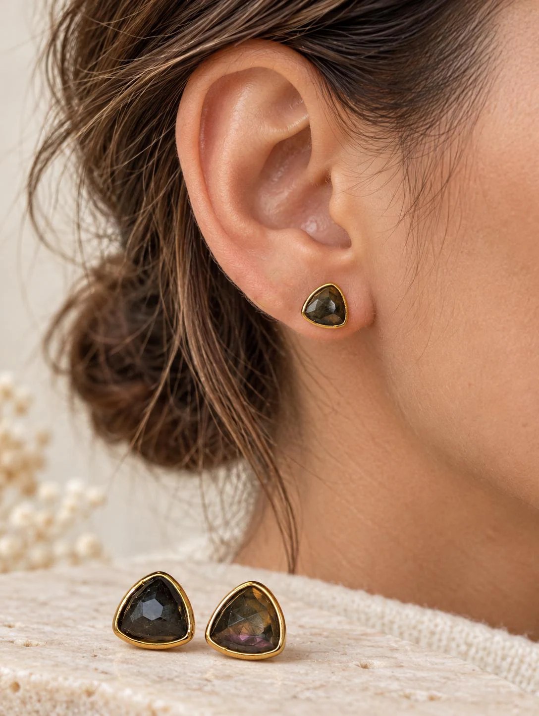 Labradorite Triangular Goldtone Stud Earrings, worn view