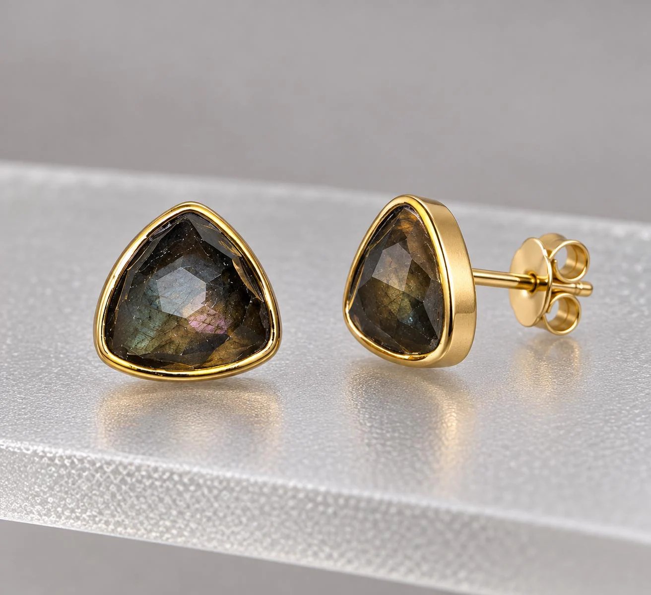 Labradorite Triangular Goldtone Stud Earrings