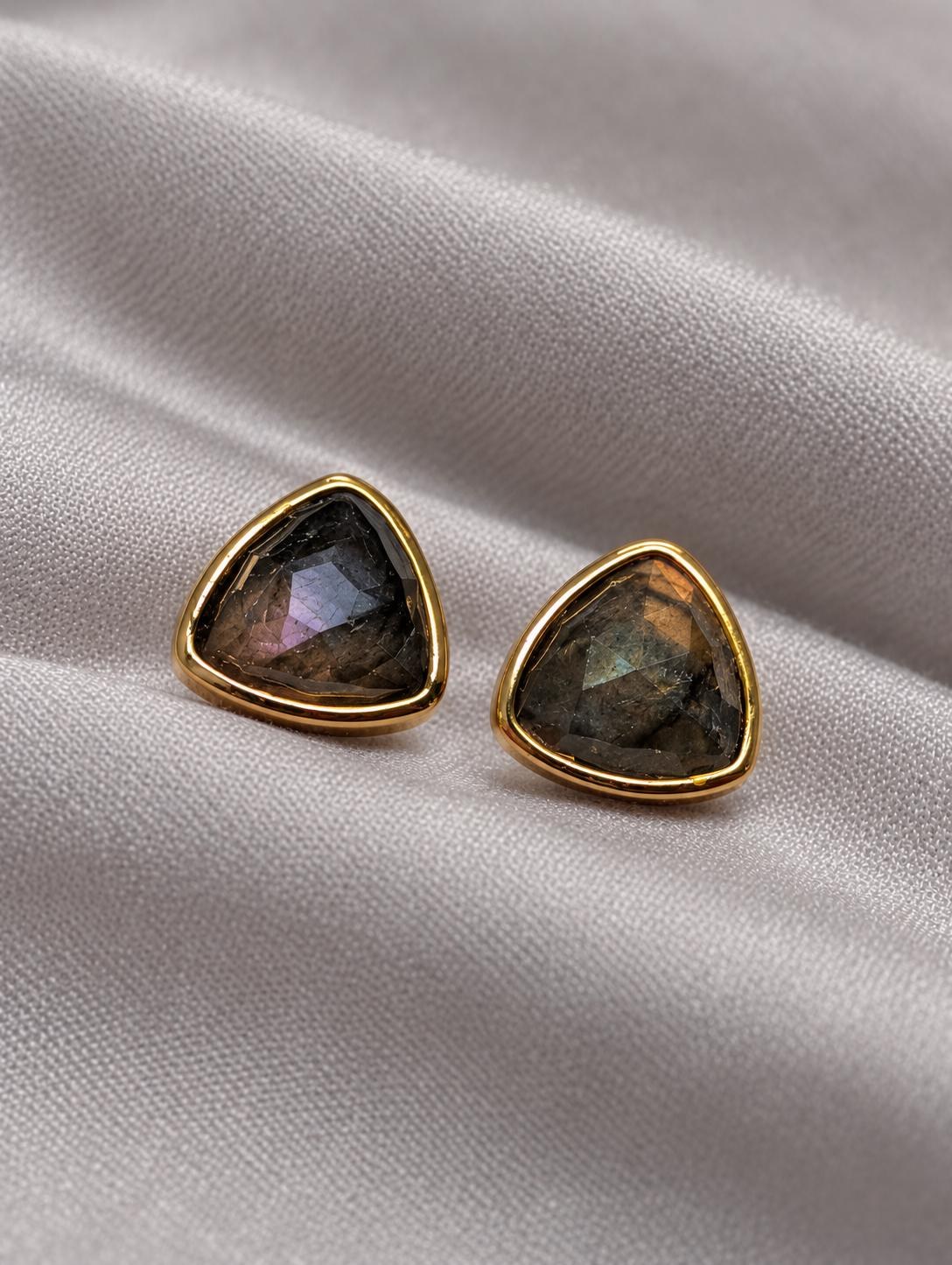 Labradorite Triangular Goldtone Stud Earrings, detail view