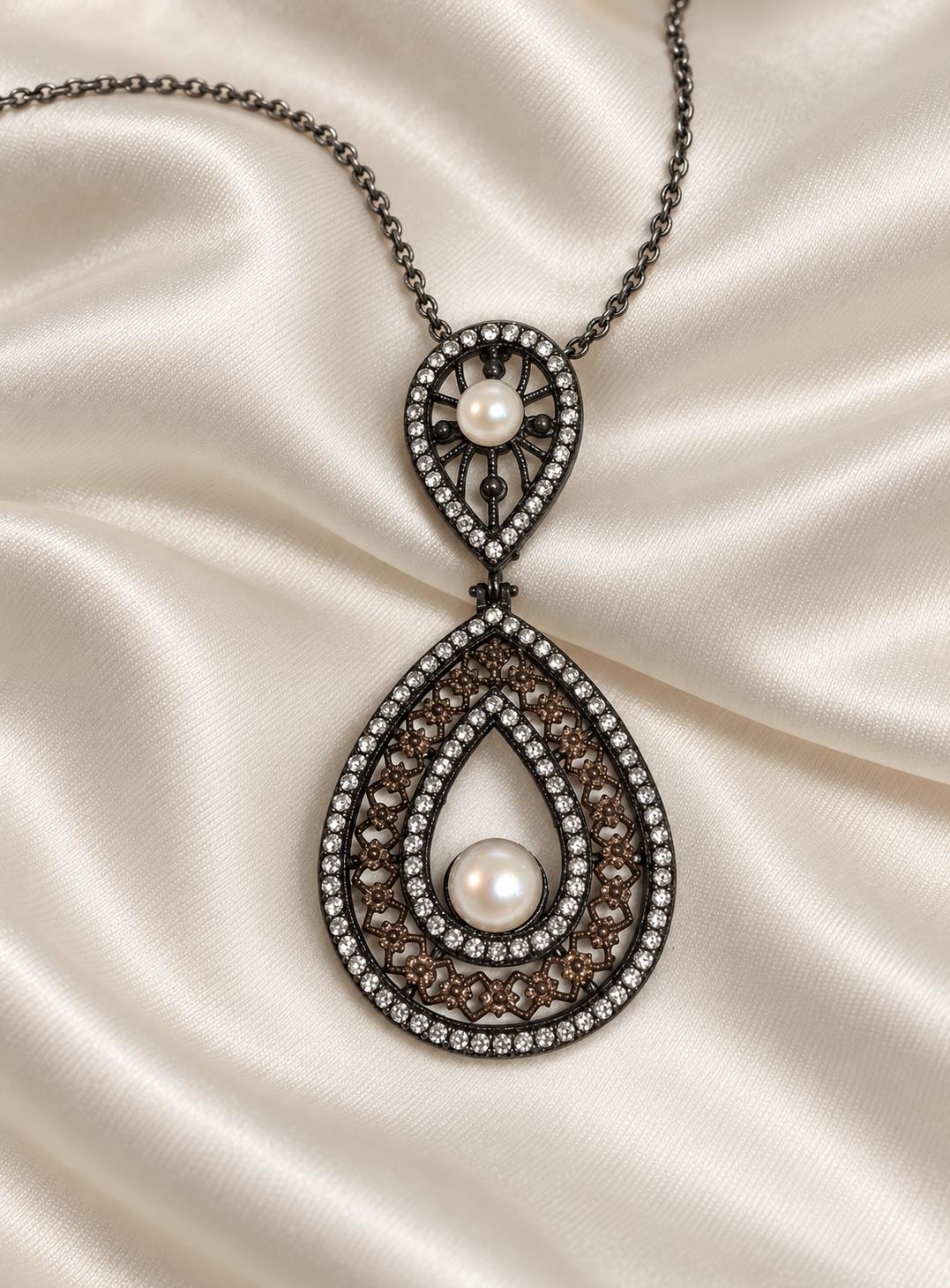 Large Vintage Oxidized Sterling Silver Pearl Statement Pendant with CZ Halo