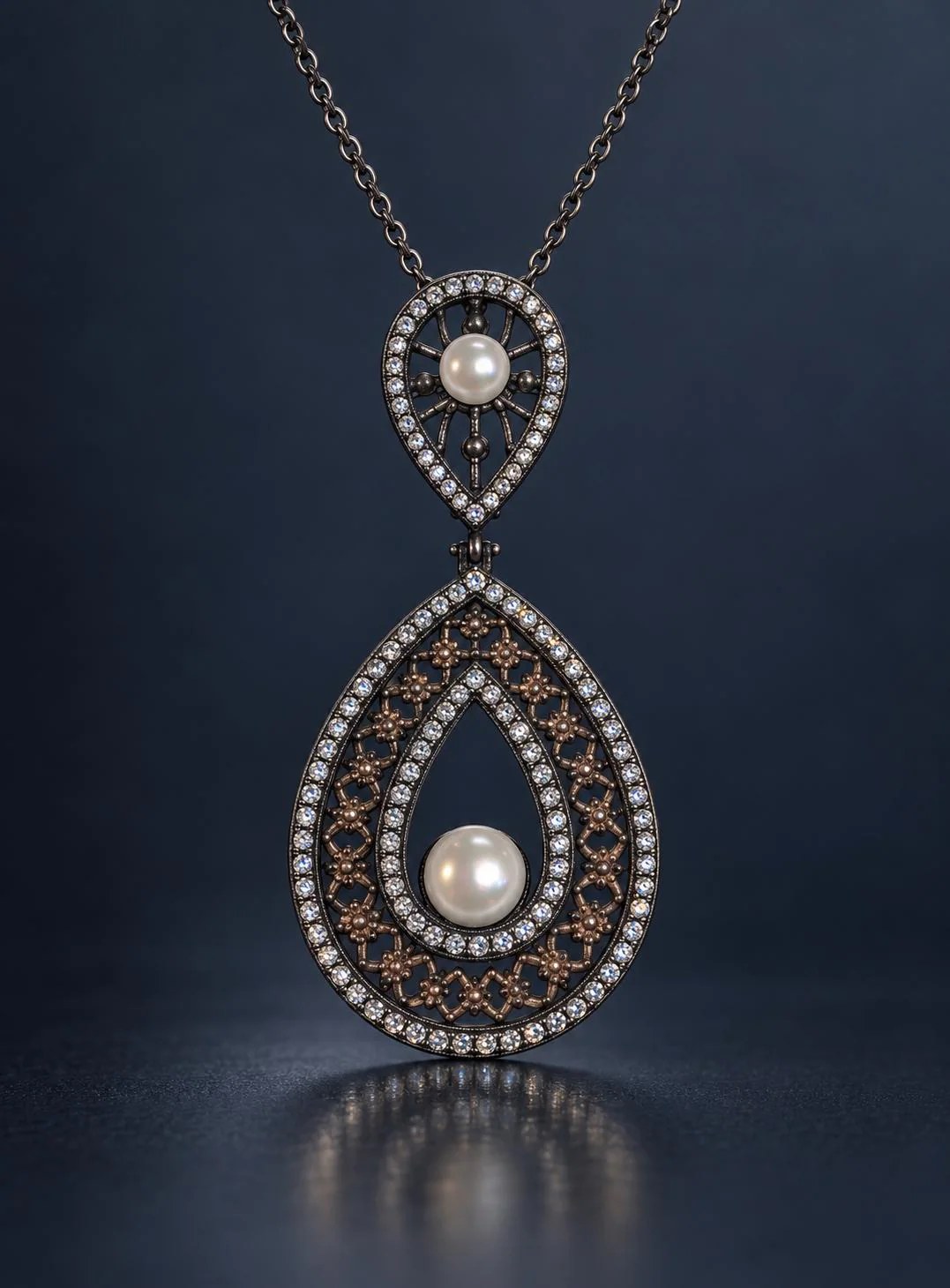 Large Vintage Oxidized Sterling Silver Pearl Statement Pendant with CZ Halo, detail view