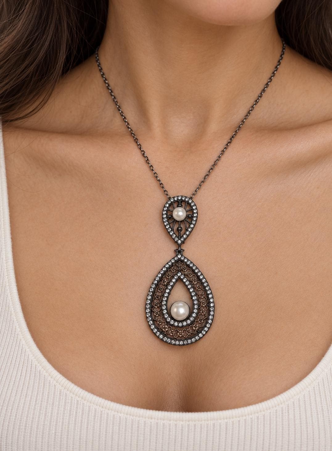 Large Vintage Oxidized Sterling Silver Pearl Statement Pendant with CZ Halo, worn view