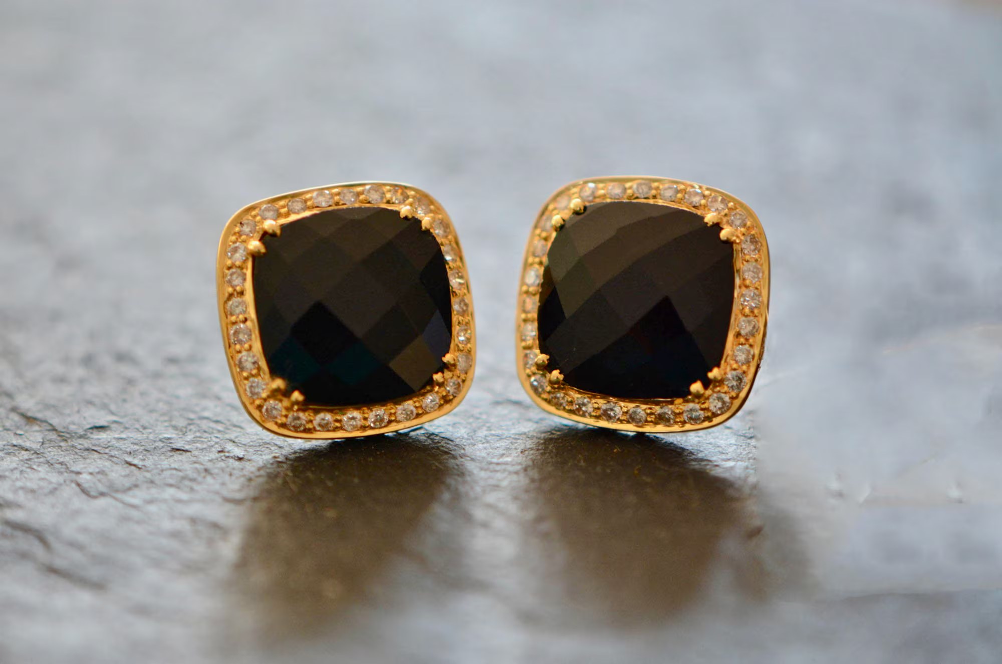 Black Onyx Statement Stud Earrings with Diamond Halo 14k Gold 15mm : Anniversary Gift for Wife
