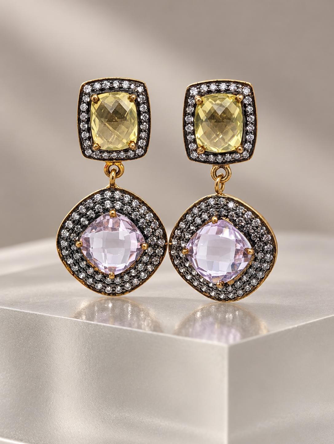Amethyst Citrine Gold Vermeil Drop Earrings, Halo CZ Statement Jewelry