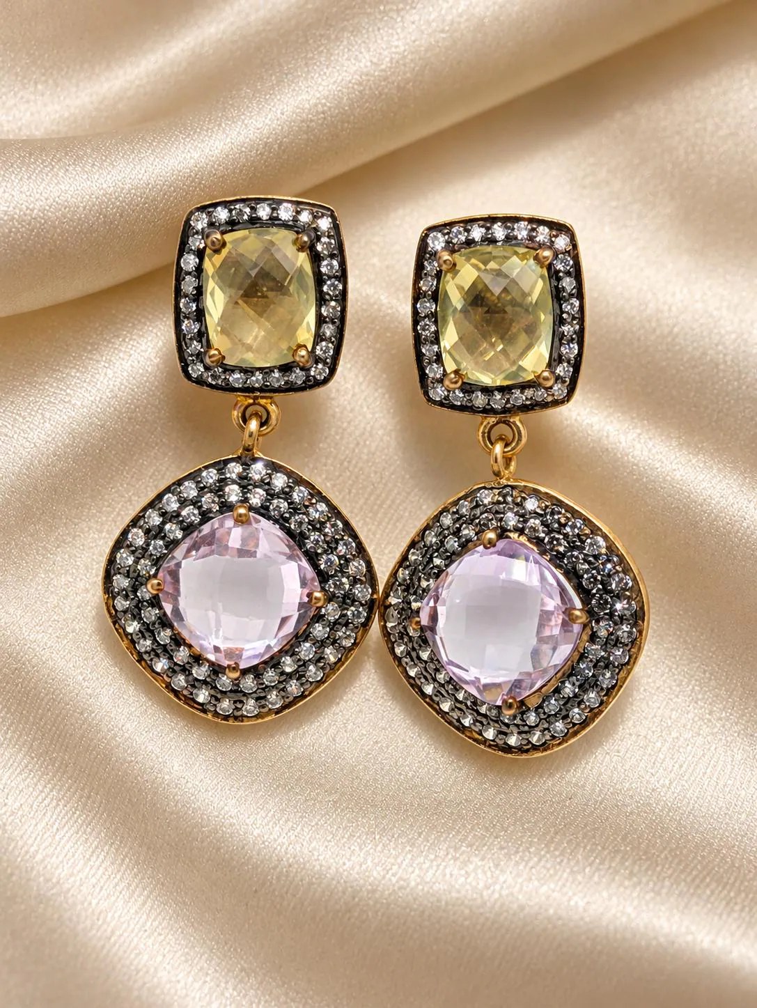 Amethyst Citrine Gold Vermeil Drop Earrings, Halo CZ Statement Jewelry, detail view