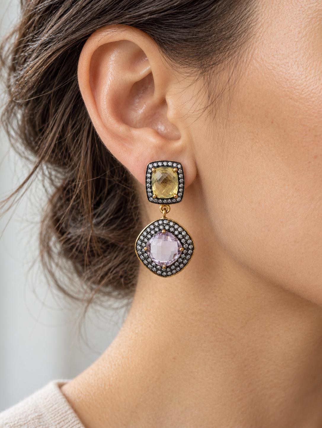 Amethyst Citrine Gold Vermeil Drop Earrings, Halo CZ Statement Jewelry, worn view