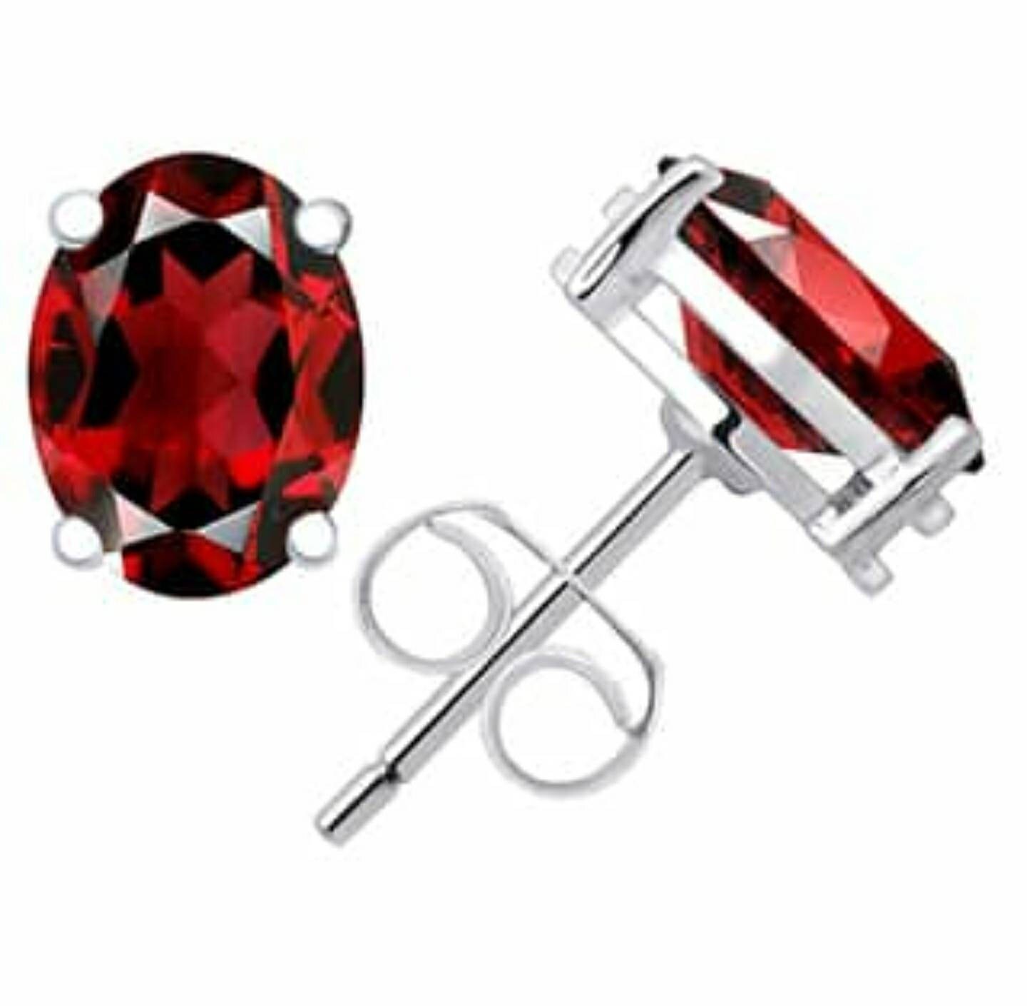 Garnet Oval Stud Earrings Sterling Silver, 7x5mm, detail view