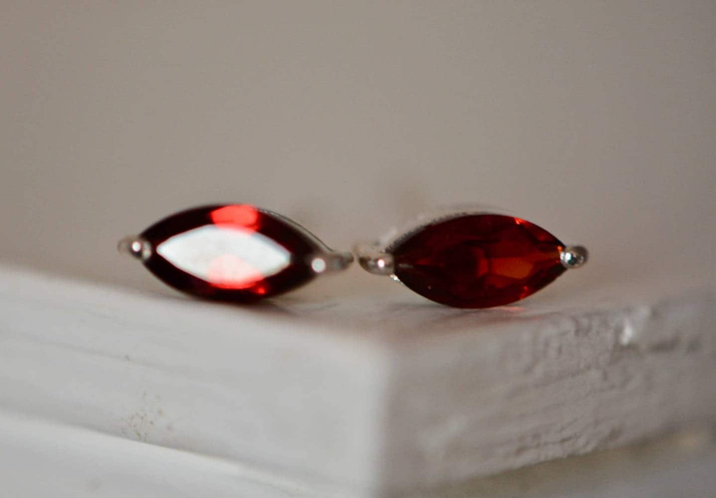 Garnet Marquise Stud Earrings Sterling Silver, January Birthstone, detail view