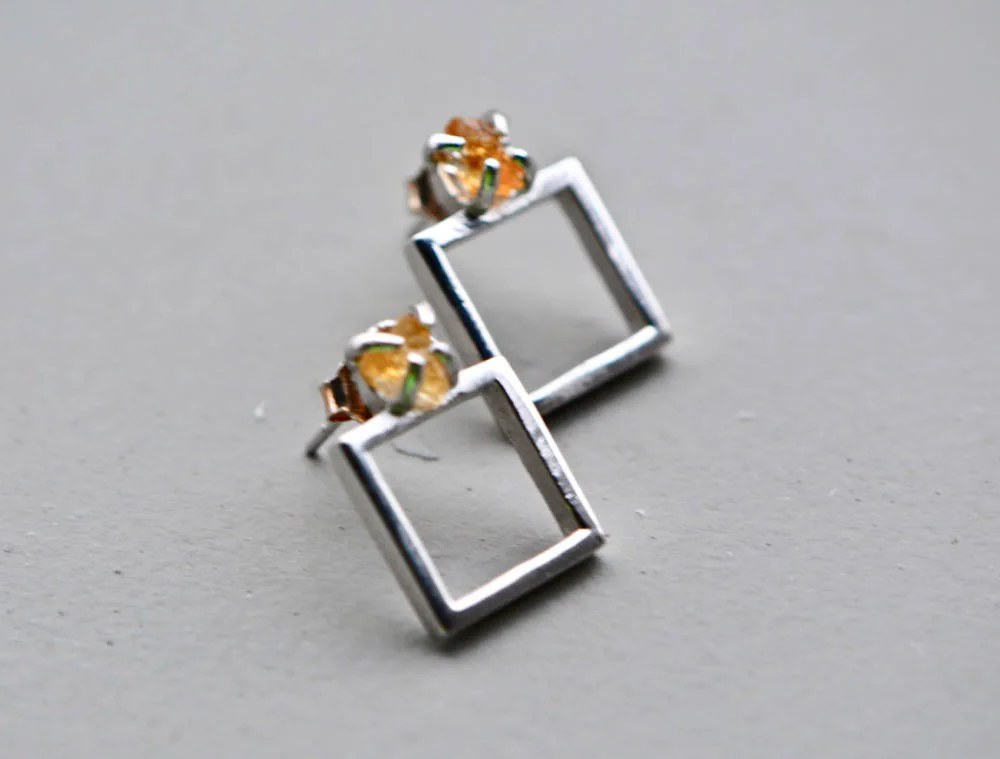 Raw Citrine Earrings, November Birthstone, Yellow Earrings, Sterling Silver Square Earrings, Gift for Mom, Gemstone Earring, Girlfriend Gift, detail view