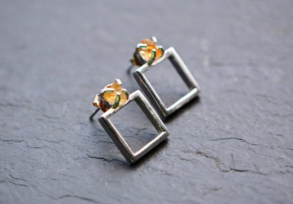 Raw Citrine Earrings, November Birthstone, Yellow Earrings, Sterling Silver Square Earrings, Gift for Mom, Gemstone Earring, Girlfriend Gift
