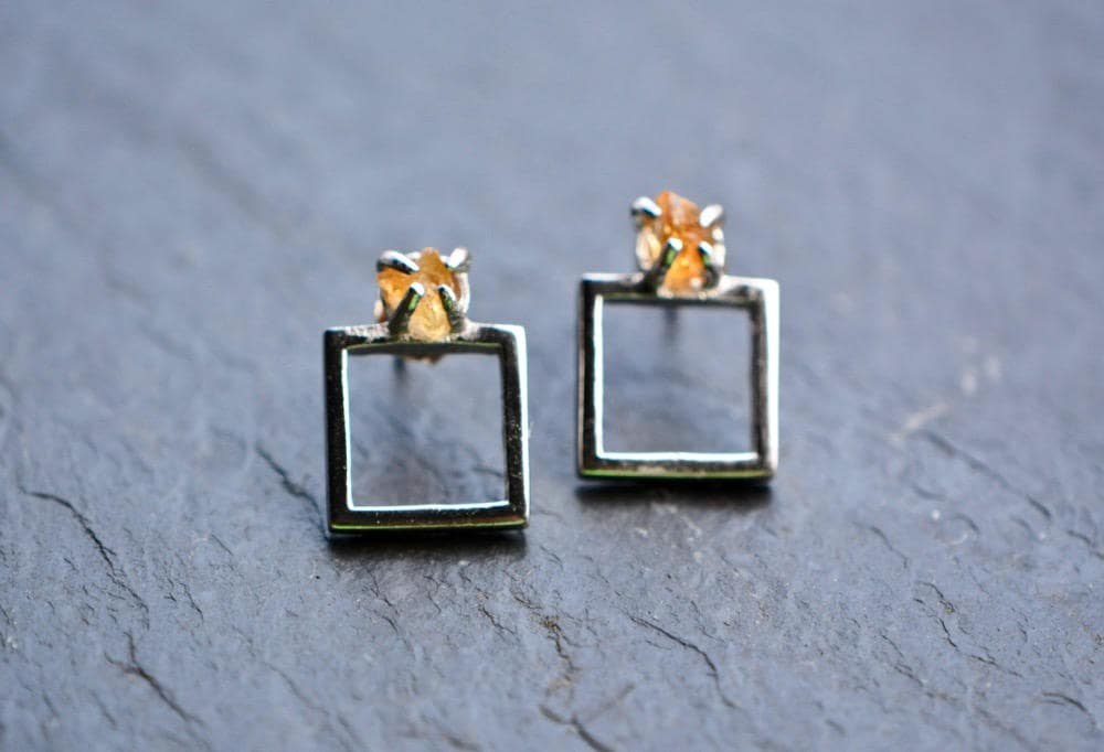 Raw Citrine Earrings, November Birthstone, Yellow Earrings, Sterling Silver Square Earrings, Gift for Mom, Gemstone Earring, Girlfriend Gift, detail view