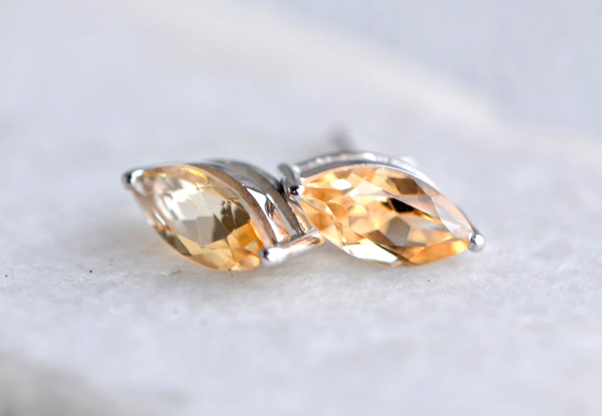 Marquise Citrine Earrings, November Birthstone, Yellow Gemstone Post Earrings, Sterling Silver Stud Earrings, Gift for Mom, Girlfriend Gift