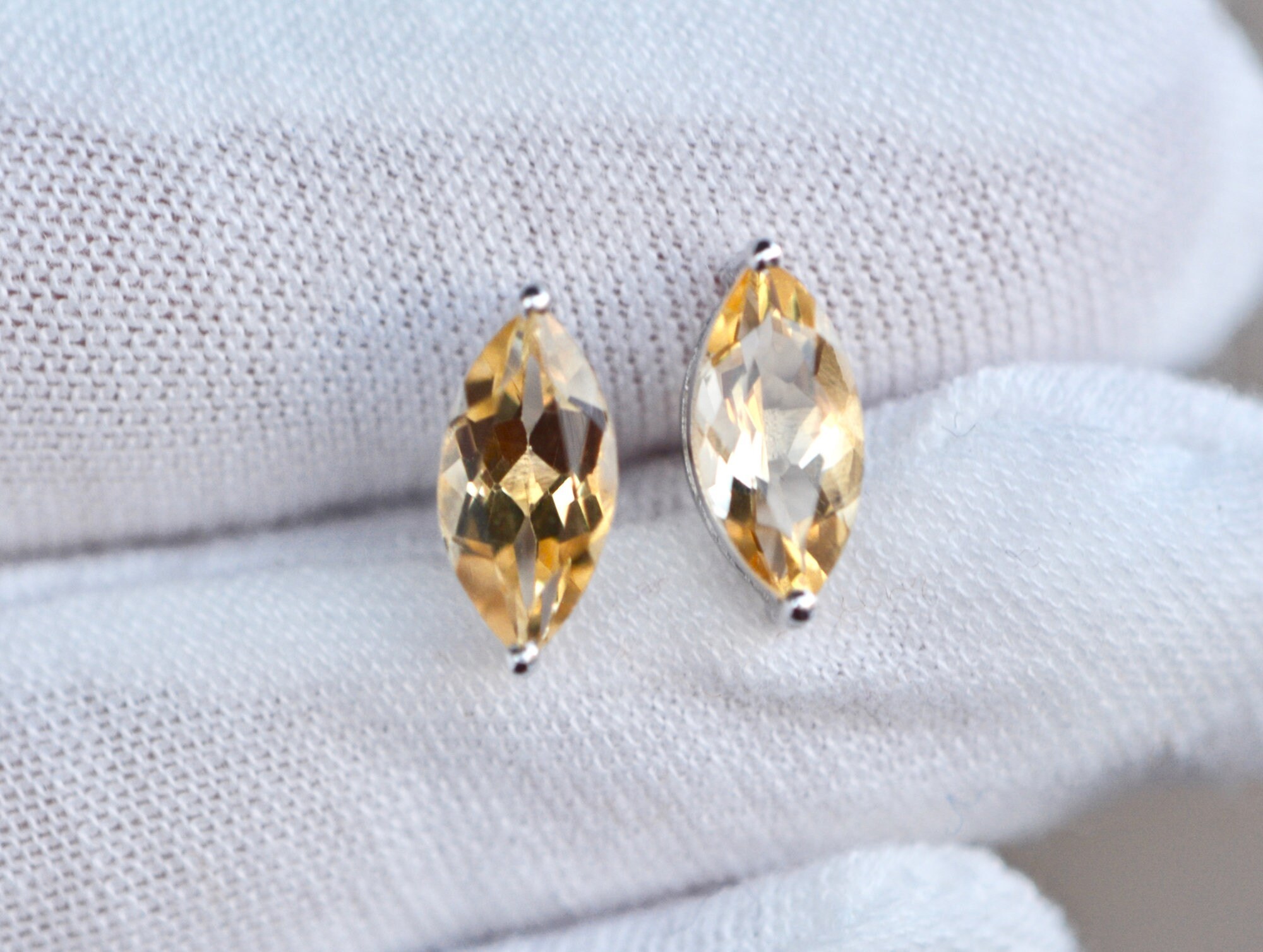 Marquise Citrine Earrings, November Birthstone, Yellow Gemstone Post Earrings, Sterling Silver Stud Earrings, Gift for Mom, Girlfriend Gift, detail view