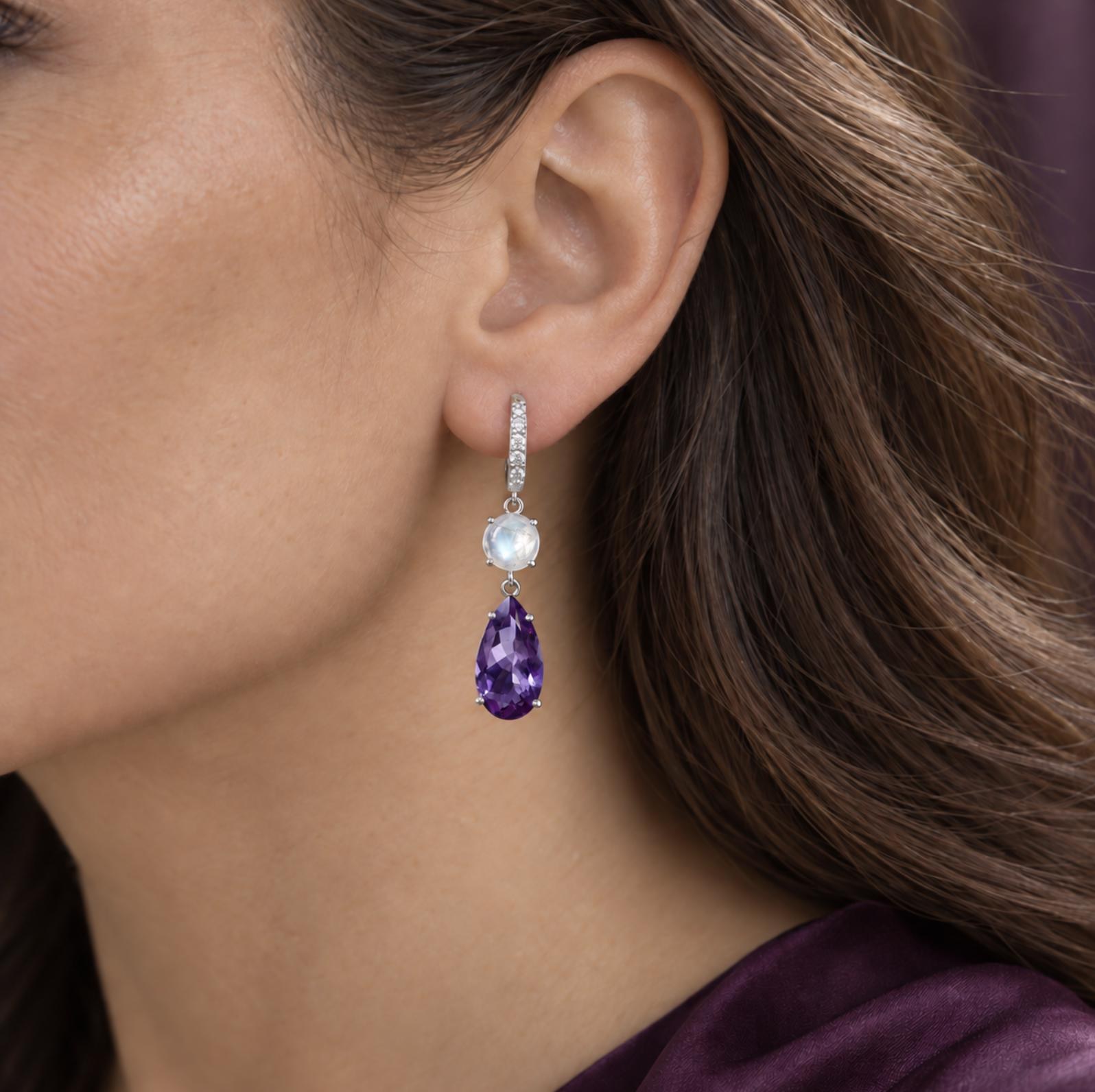 Amethyst & Blue Moonstone Diamond Dangly Earrings Solid 14kt White Gold : June February Birthstone, worn view