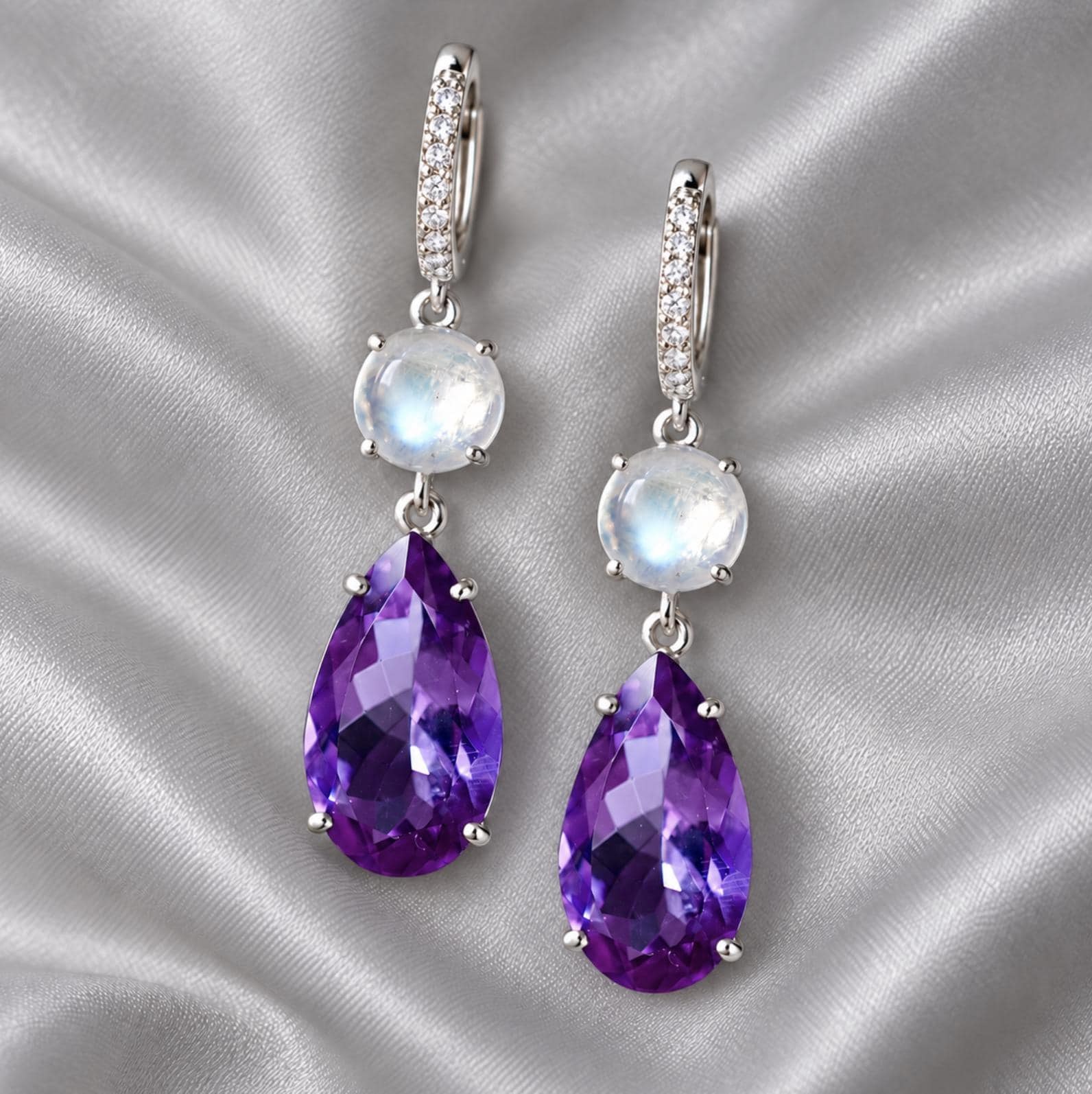 Amethyst & Blue Moonstone Diamond Dangly Earrings Solid 14kt White Gold : June February Birthstone