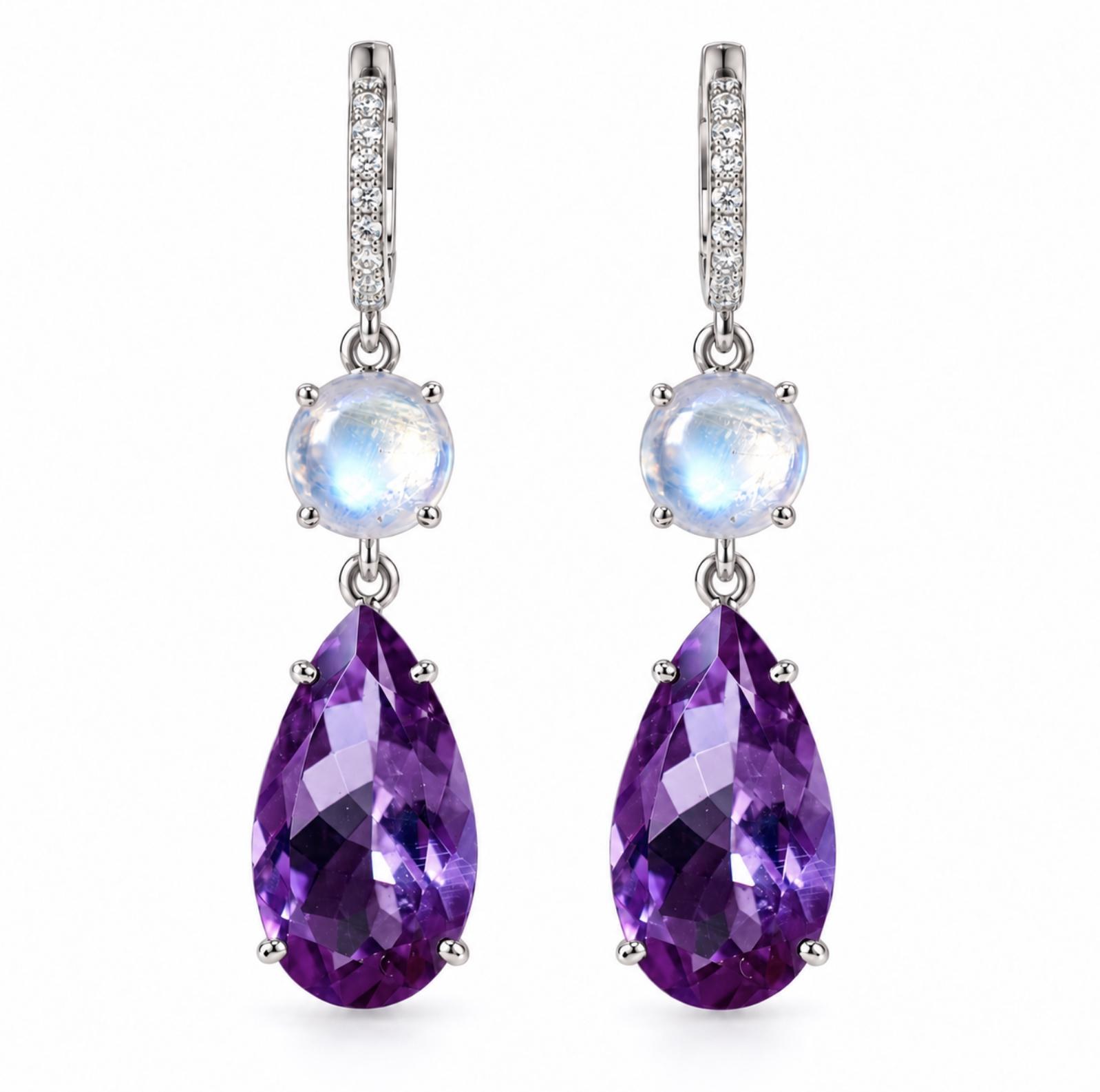 Amethyst & Blue Moonstone Diamond Dangly Earrings Solid 14kt White Gold : June February Birthstone, detail view