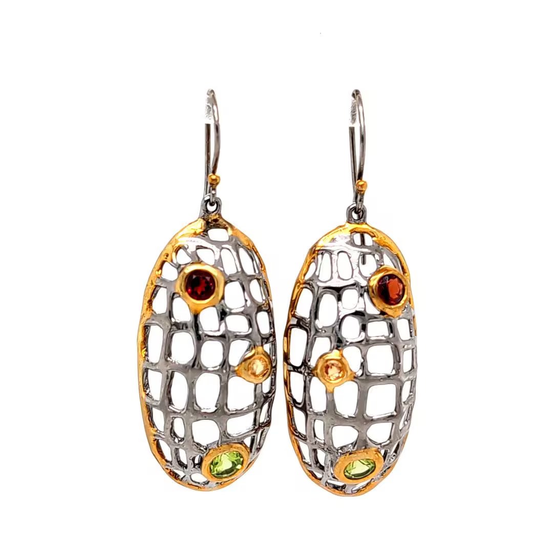 Garnet Peridot Citrine Dangly Earrings Sterling Silver : January August November Birthstone Drops
