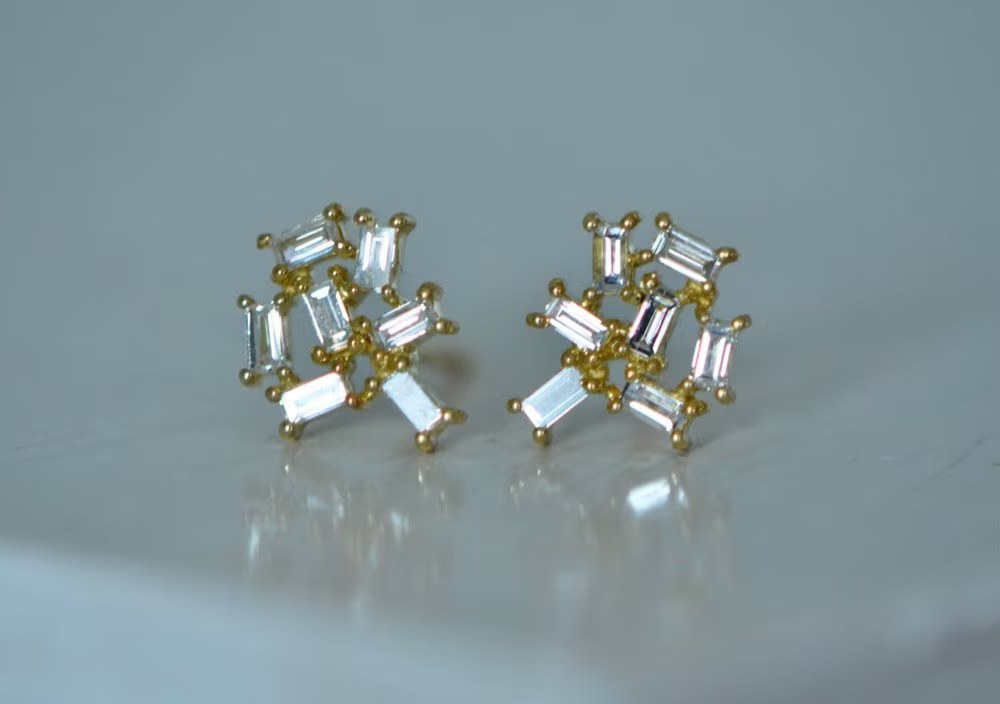 Baguette Diamond Earrings, 14kt/18kt Gold Studs, Gold Diamond Earrings, Asymmetrical Earrings, April Birthstone Stud, Holiday Gift for Women